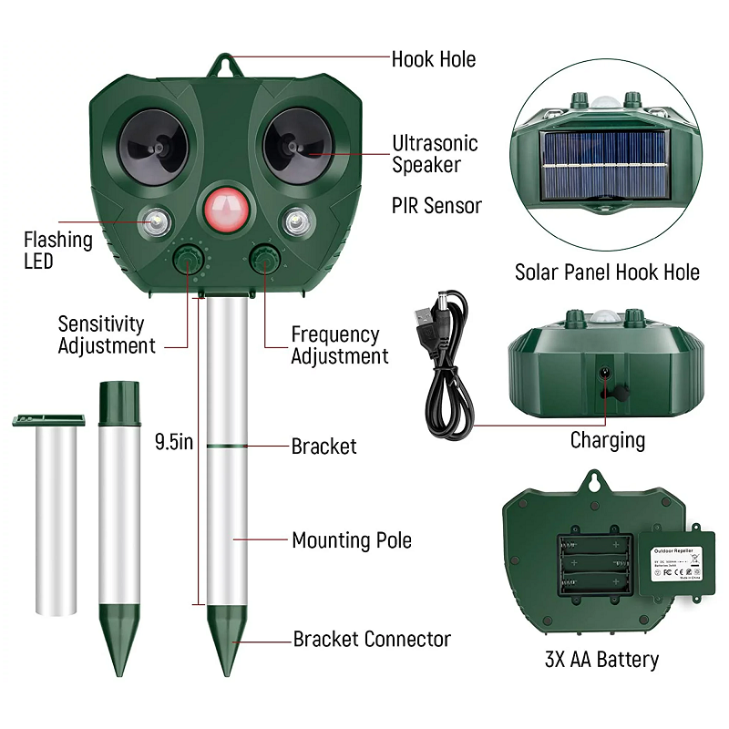 Wireless solar ultrasonic bird repeller. Weatherproof pest control, protects gardens & yards from animals.