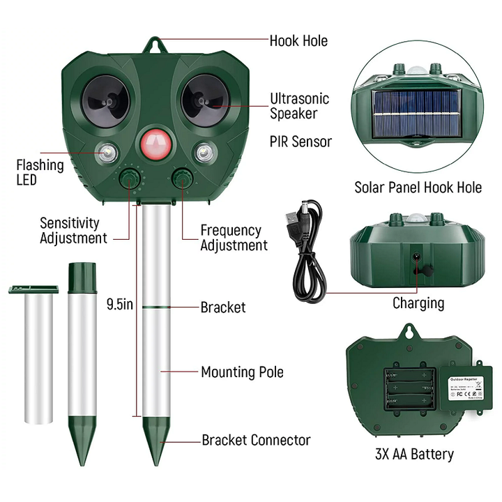 Wireless solar ultrasonic bird repeller. Weatherproof pest control, protects gardens & yards from animals.