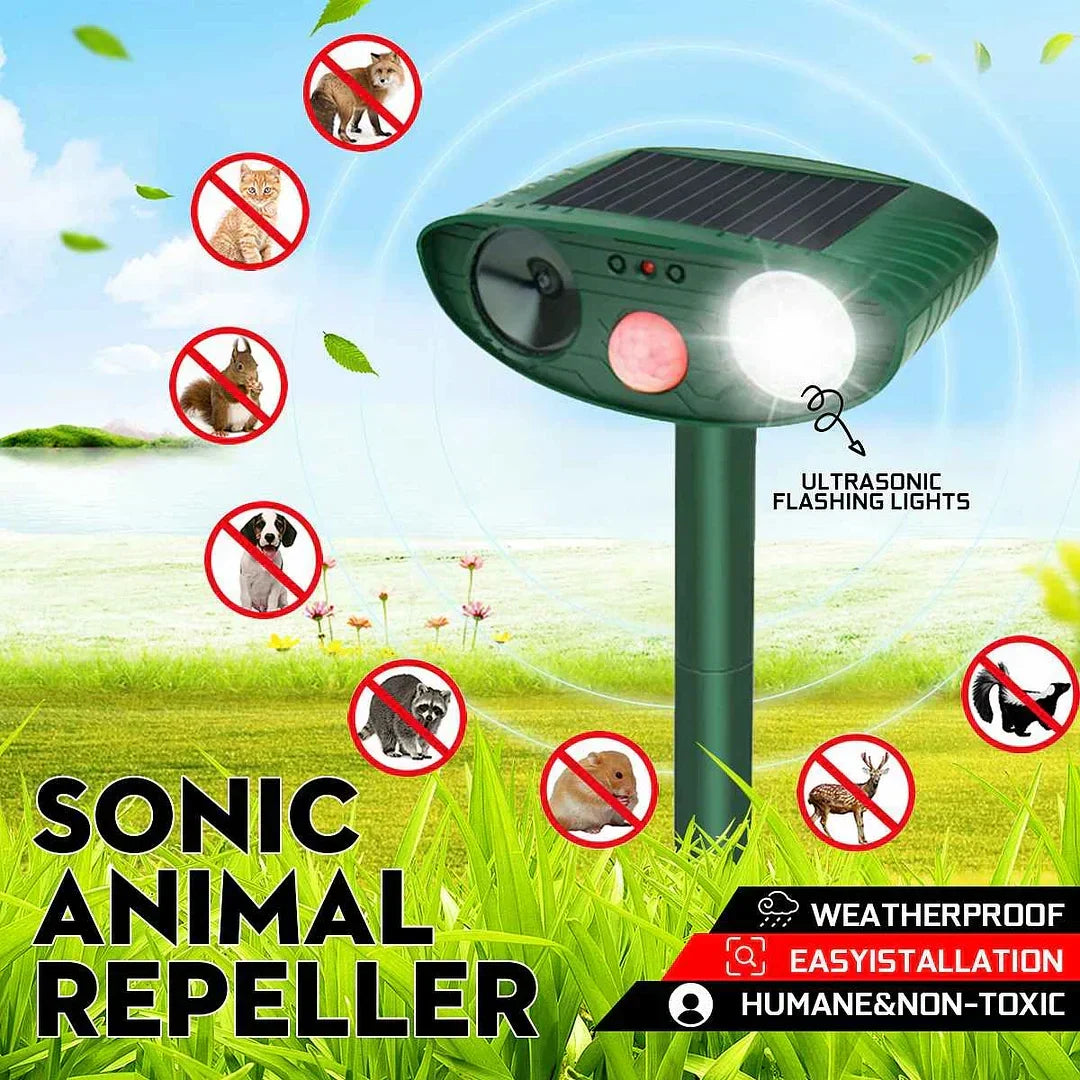 Outdoor solar deer repeller with ultrasonic sound.