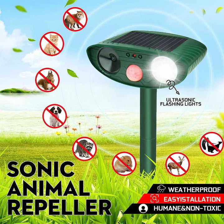 Outdoor solar deer repeller with ultrasonic sound.