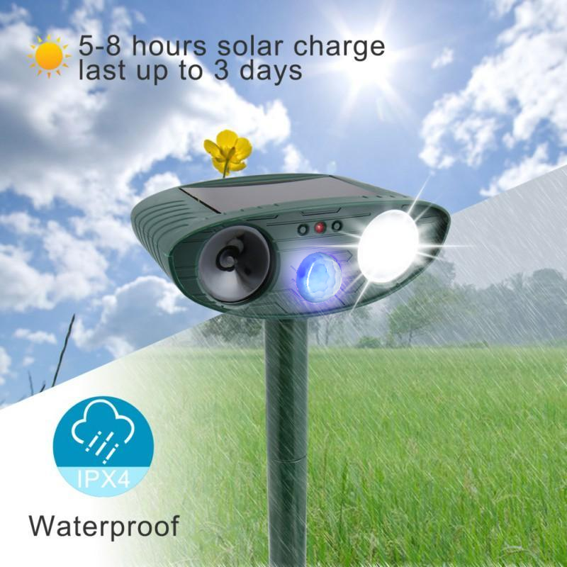 Motion-activated solar deer repeller for gardens.