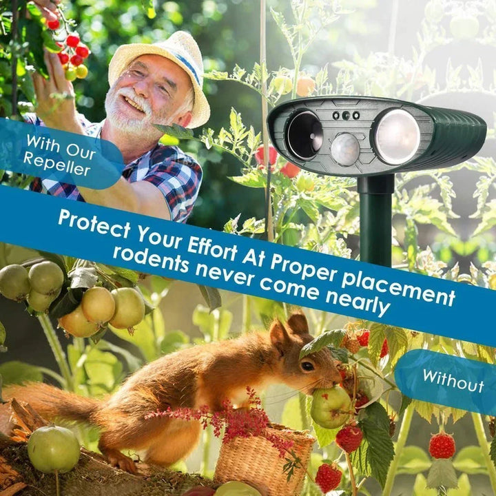 Waterproof solar animal repeller for outdoor use.