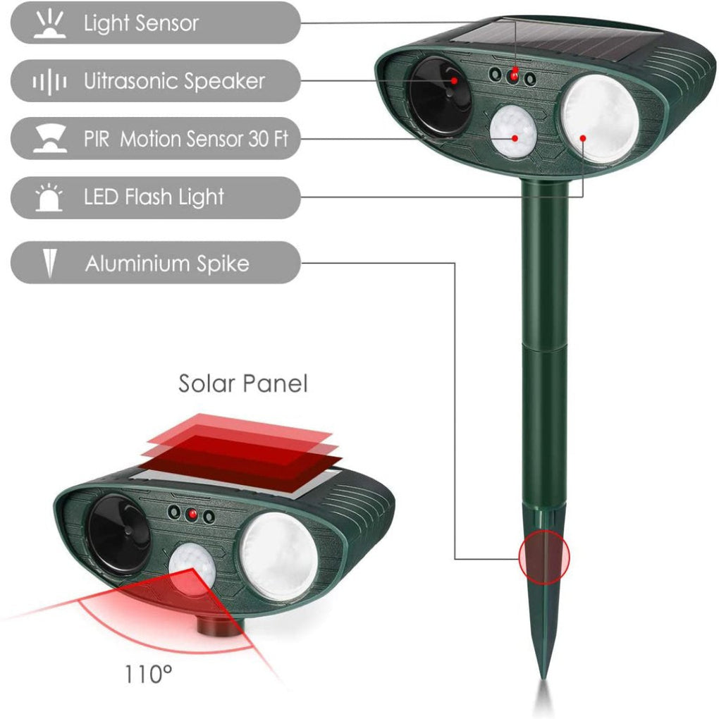 Solar ultrasonic rabbit repeller for humane garden pest control. Protects outdoor areas from pests.