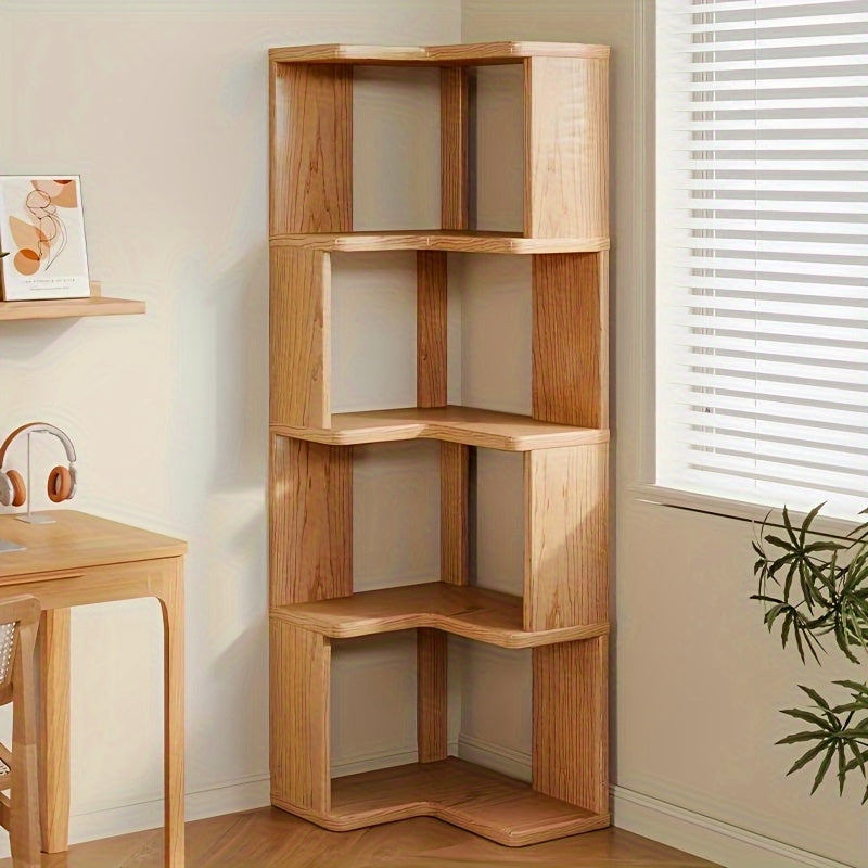 Solid wood corner storage cabinet for small spaces. Natural wooden display shelf, compact home organizer.