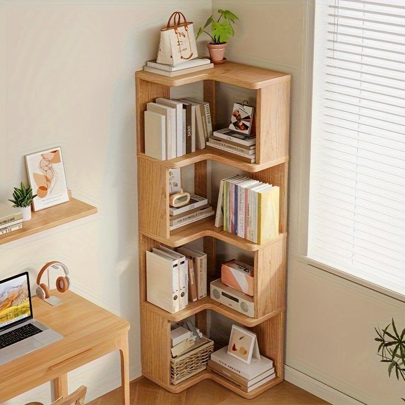Natural wood corner storage cabinet. Space-saving solid wood furniture, ideal as a display or bookshelf.