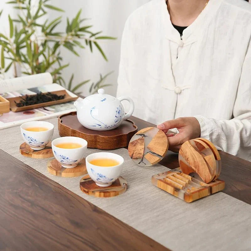 Handcrafted solid wood Japanese drink coasters, perfect for protecting living room tables.