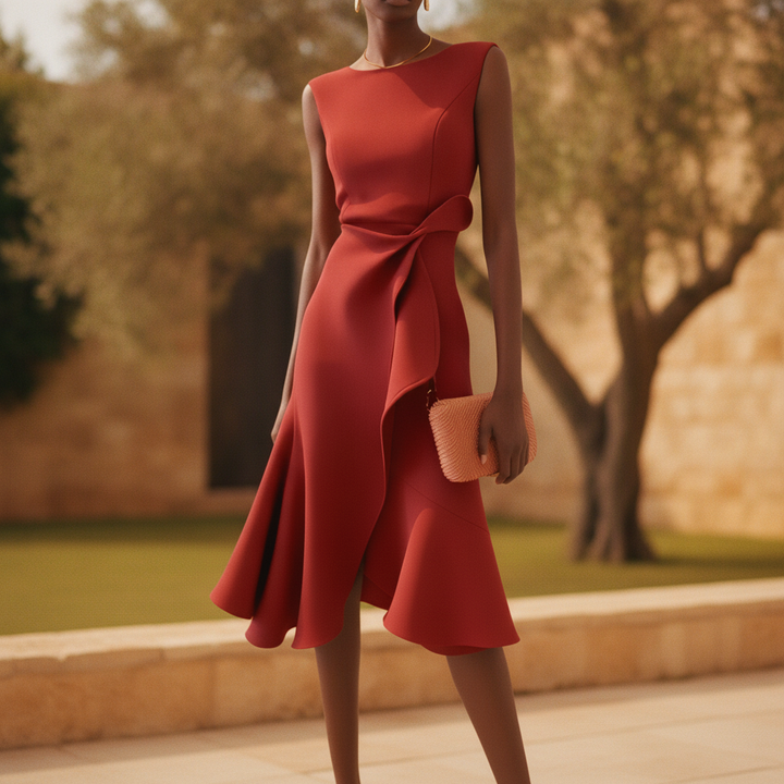 Sophisticated women's asymmetric midi dress with elegant drape, perfect for evening events & special occasions.