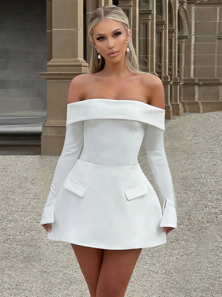 Stunning black & white off-shoulder skater dresses for women. Sophisticated party, evening, and girls' night out.