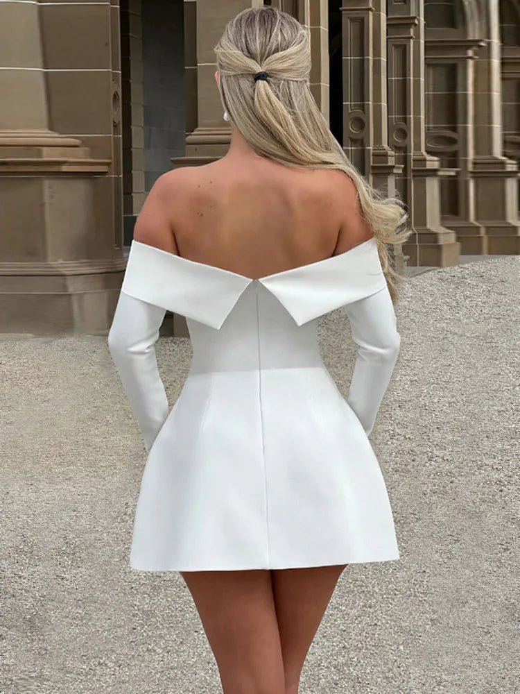 Sophisticated women's elegant skater dress, off-shoulder design. Perfect party and evening attire.
