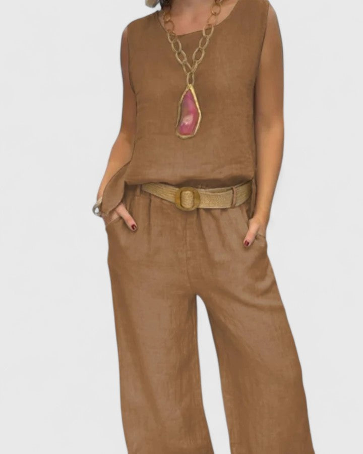 Sophisticated women's two-piece set with wide leg pants & sleeveless top, perfect for elegant casual chic.