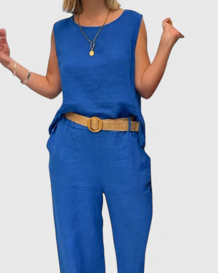 Versatile women's sophisticated two-piece set featuring a sleeveless top & wide leg pants for various occasions.