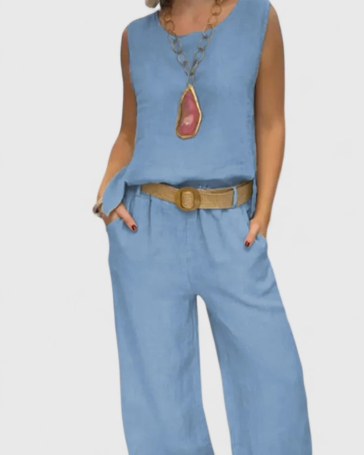 Women's elegant two-piece set: sophisticated sleeveless top & comfortable wide leg pants with pockets for casual chic.