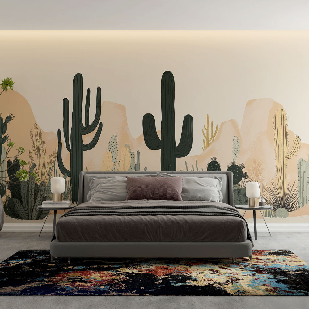 Southwest desert landscape wall mural with saguaro cacti. Peel and stick, removable wallpaper for nature-inspired home decor.