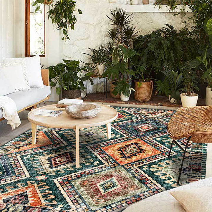Southwest tribal green area rug, washable non-slip floor mat for stylish living room home decor.