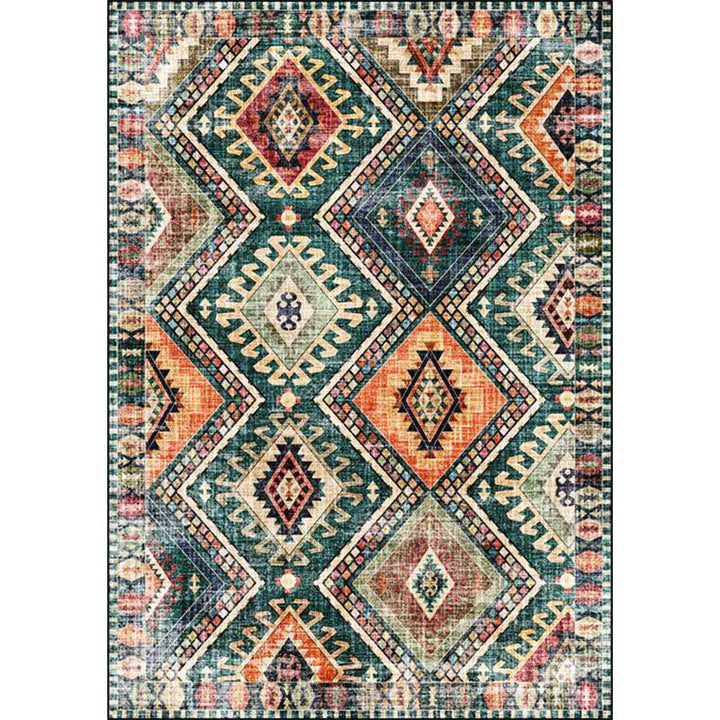 Vibrant green Southwest tribal pattern area rug with geometric design, soft and durable for home decor.