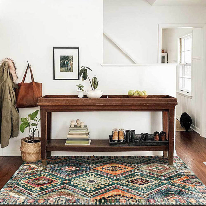 Geometric Southwest tribal green area rug, a vibrant and washable non-slip decor piece for any room.