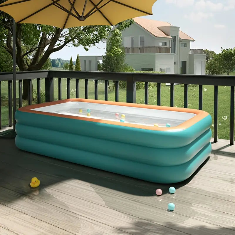 Kids and adults enjoying a large inflatable family swimming pool in a garden backyard, perfect for summer water play.