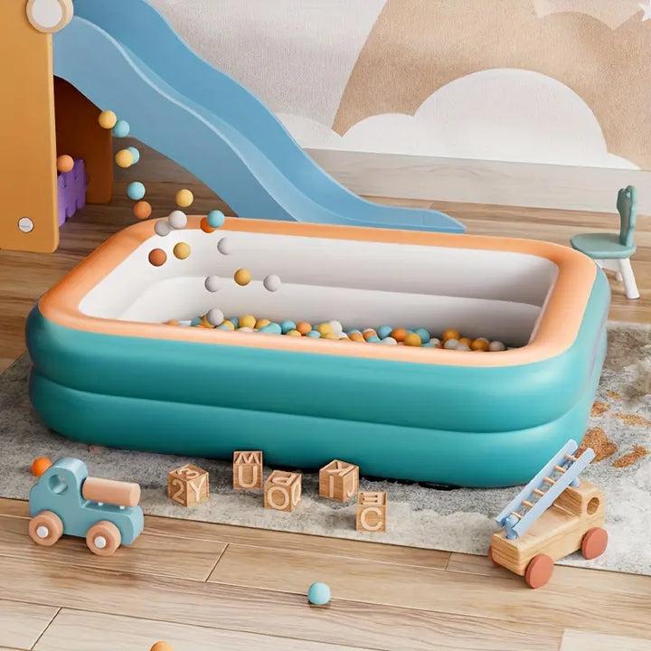 Outdoor inflatable family pool offering cool summer relaxation in a backyard garden. Perfect for water play & cooling down.