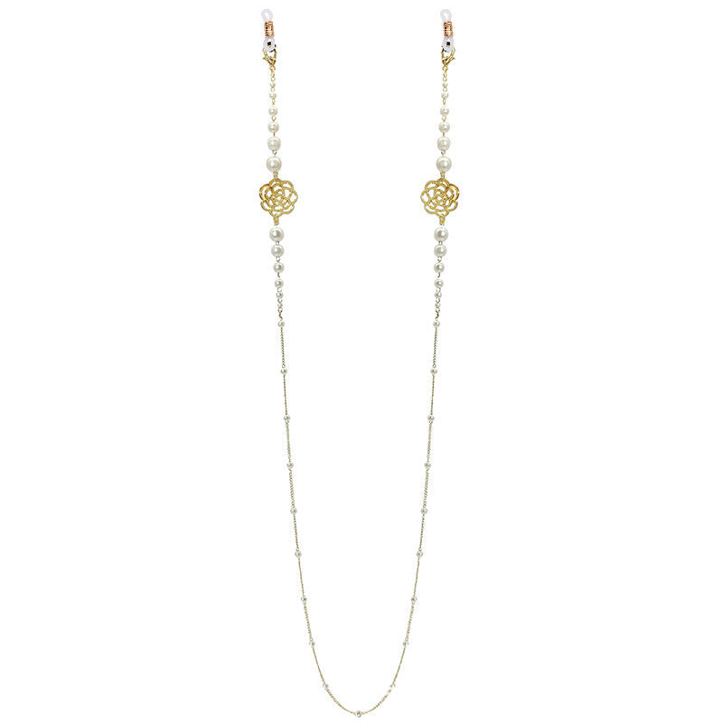 Delicate floral & sparkling pearl glasses chain, a beautiful beaded eyeglass holder. Stylish eyewear accessory.