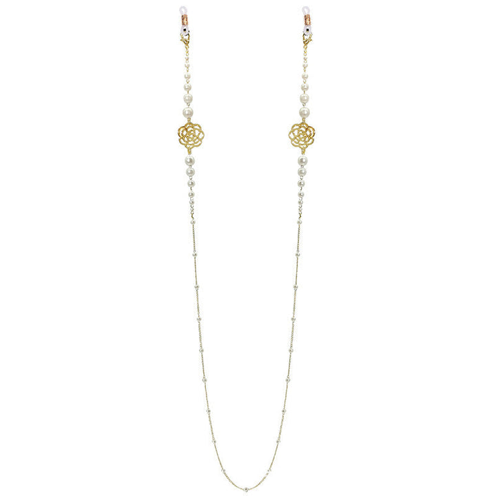 Delicate floral & sparkling pearl glasses chain, a beautiful beaded eyeglass holder. Stylish eyewear accessory.