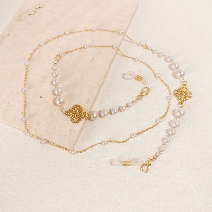 Beaded sparkling pearl & floral glasses chain, a versatile eyeglass holder & fashion accessory for eyewear.
