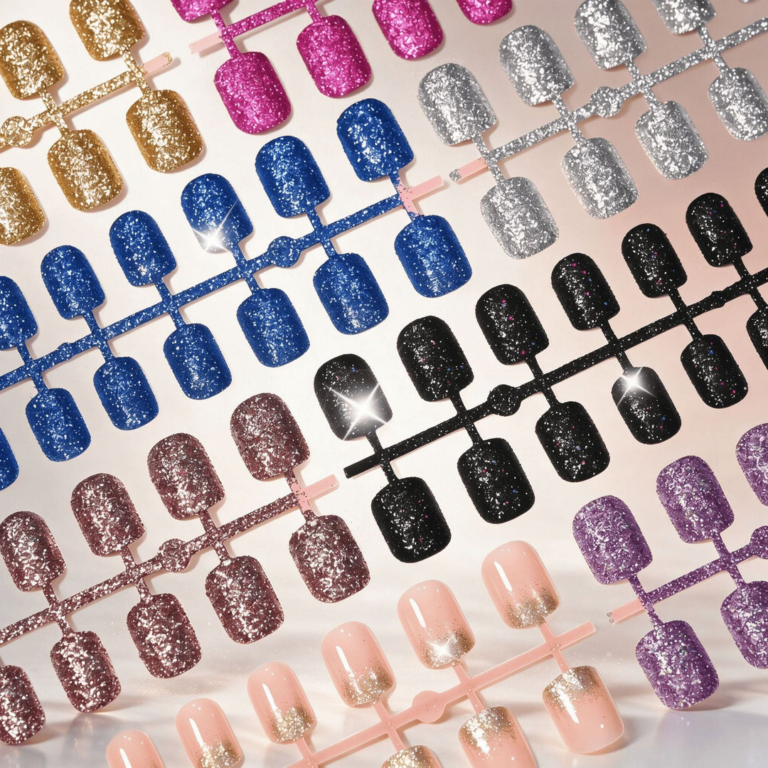 Dazzling sparkling press-on nails for women, easy application for an instant elegant and beautiful manicure.