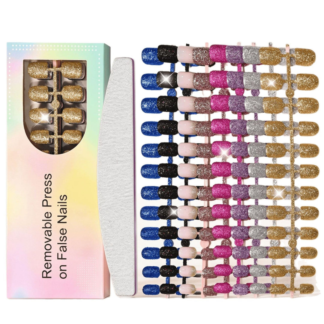 Close-up of sparkling press-on nails showing glitter detail, perfect for a glamorous women's manicure.