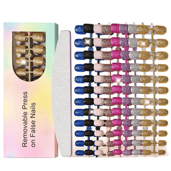 Close-up of sparkling press-on nails showing glitter detail, perfect for a glamorous women's manicure.