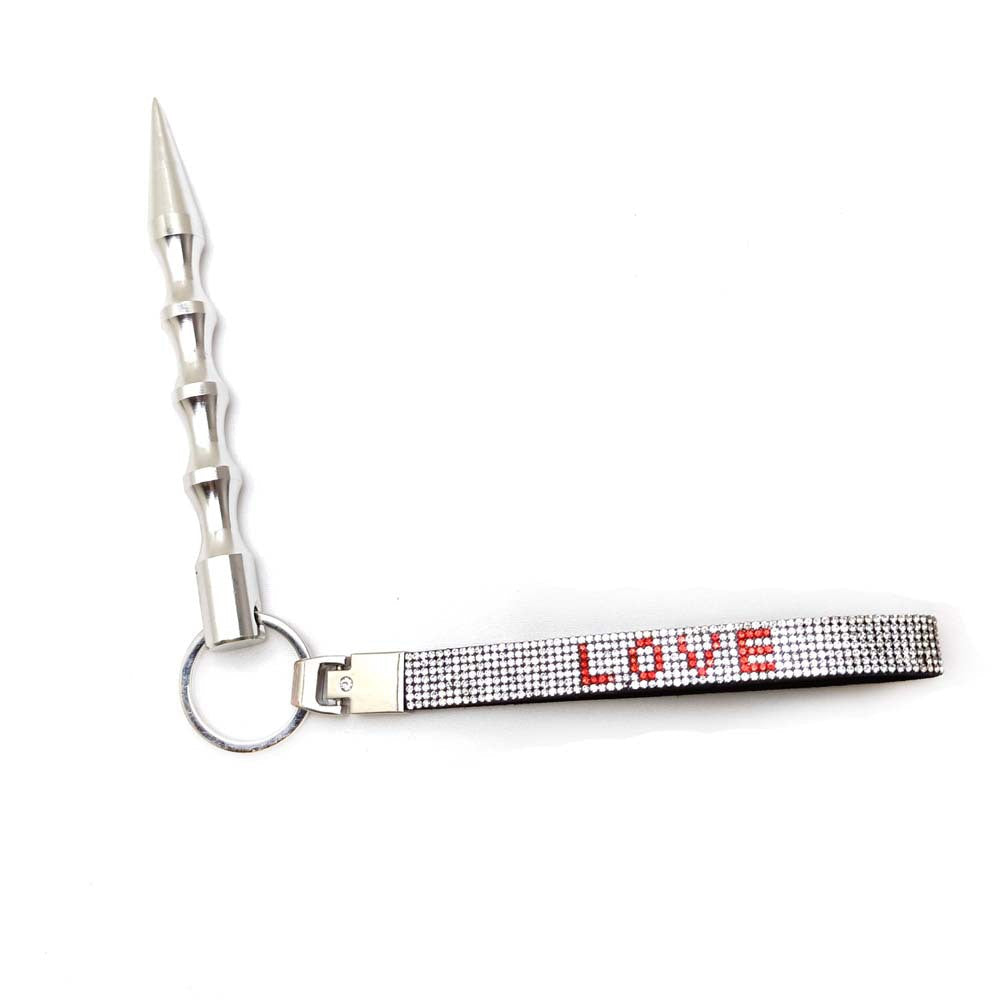 Purple 'LOVE' letter keychain with sparkling rhinestones, a women's gift idea.