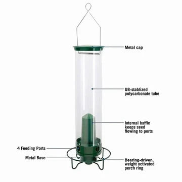 Outdoor hanging bird feeder featuring a squirrel-proof design and spinning perch, great for various wild birds.