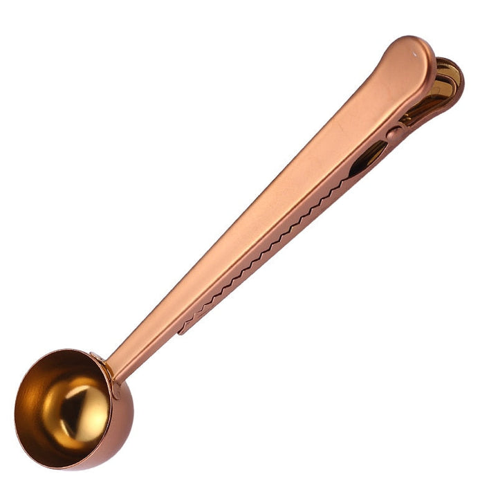 Perfect coffee lover gift: Stainless steel measuring coffee spoon with integrated bag clip for freshness.