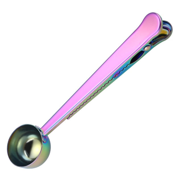 Stylish 2-in-1 stainless steel coffee spoon & bag clip. A durable kitchen accessory for daily coffee rituals.