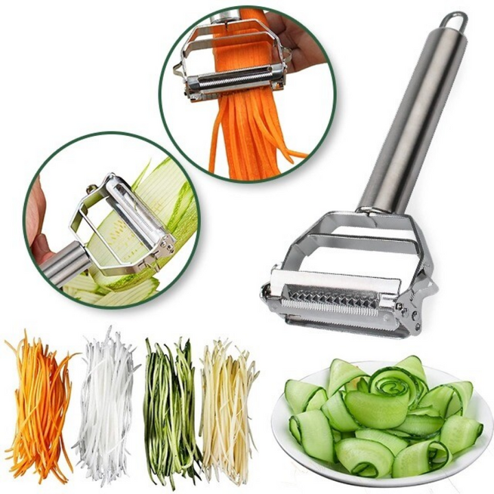 Stainless steel dual-blade peeler & julienne cutter for efficient vegetable and fruit preparation in the kitchen.