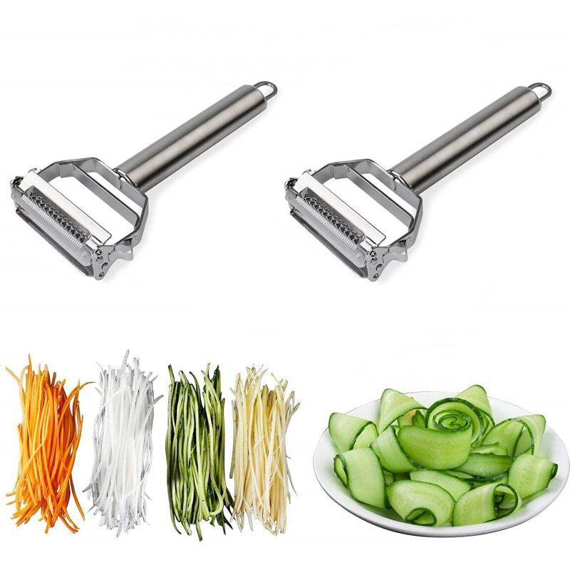 Close-up of the sharp dual blades on a stainless steel peeler, perfect for peeling and julienning vegetables.