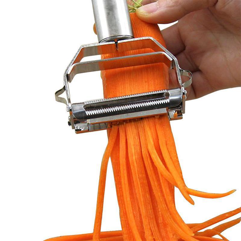 Ergonomic stainless steel dual-blade peeler with comfortable grip, a durable kitchen gadget for cooking.