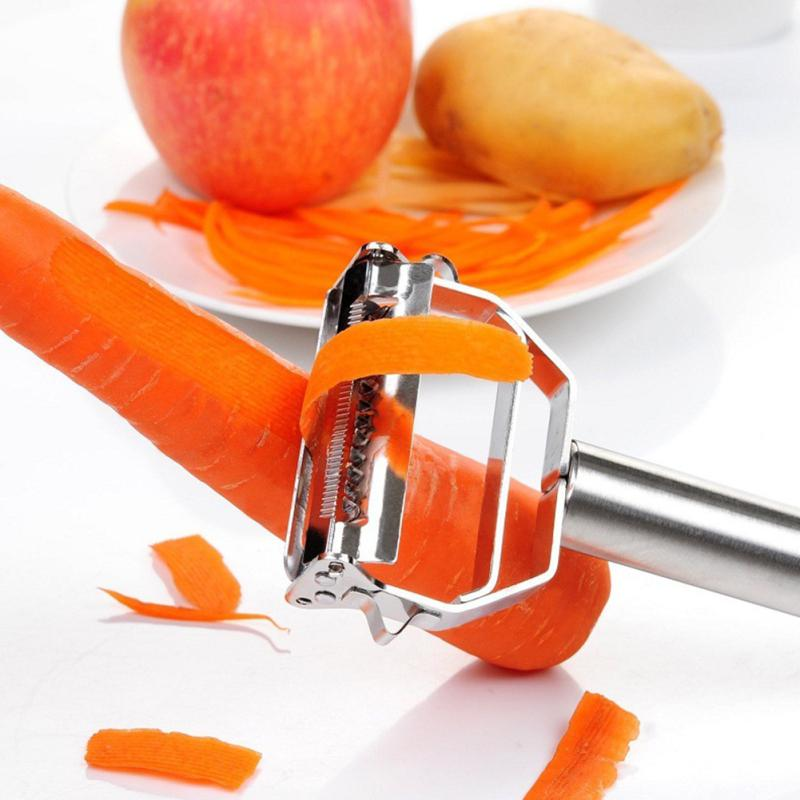 Shiny stainless steel dual-blade peeler and julienne cutter, a versatile and essential kitchen tool for cooks.