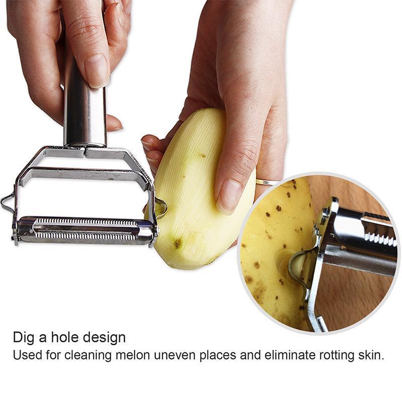 Two-in-one stainless steel vegetable peeler and julienne cutter, a smart kitchen gadget for food prep.