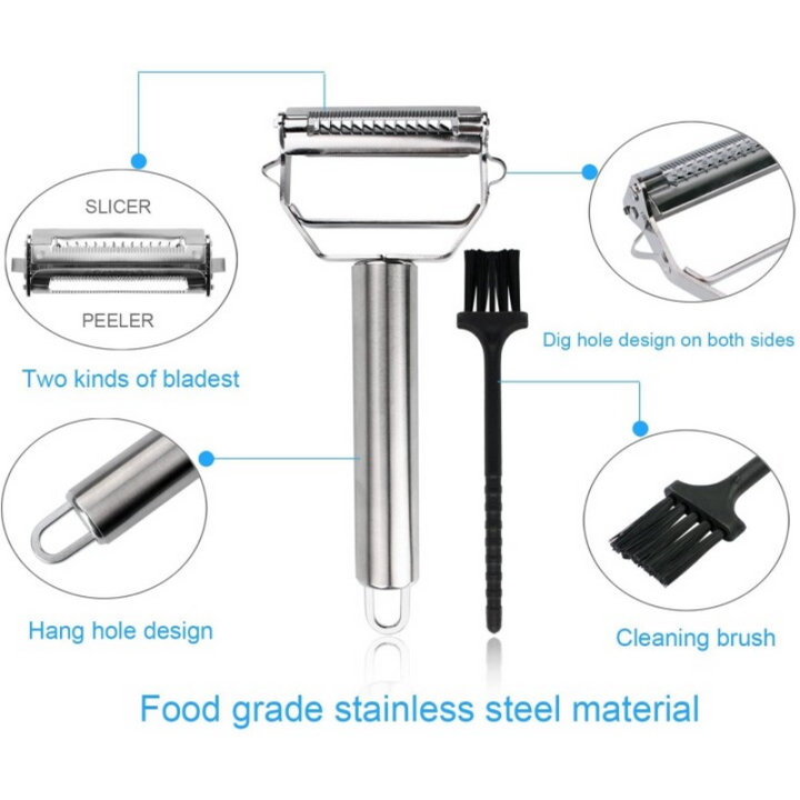 Modern stainless steel dual-blade peeler & julienne cutter resting on a clean kitchen countertop.