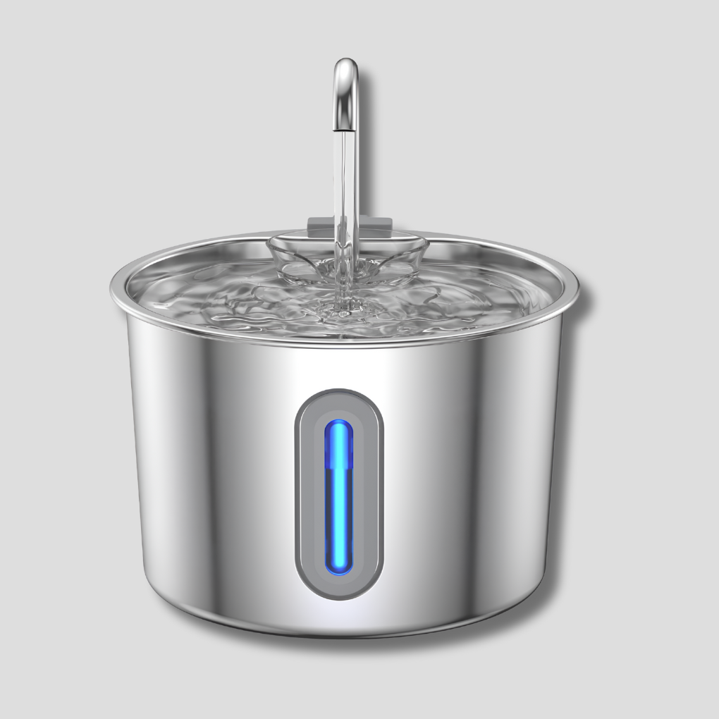 Stainless steel pet water fountain for cats & small dogs, quiet & filtered. Promotes healthy hydration, BPA-free.