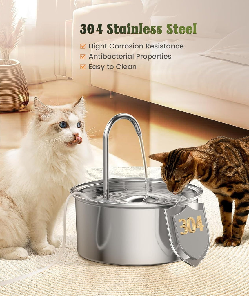 Automatic stainless steel cat & small dog waterer, provides fresh filtered water, quiet operation, BPA-free.