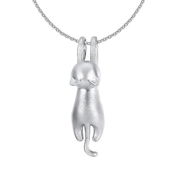 Cute sterling silver hanging cat pendant, perfect unique gift for cat lovers. Animal jewelry for women.