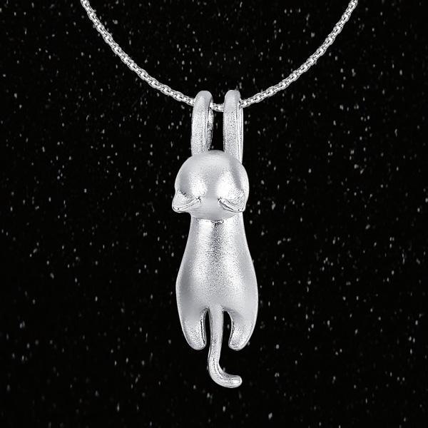 Elegant sterling silver hanging cat necklace. Feline animal jewelry, a unique and delicate gift for women.