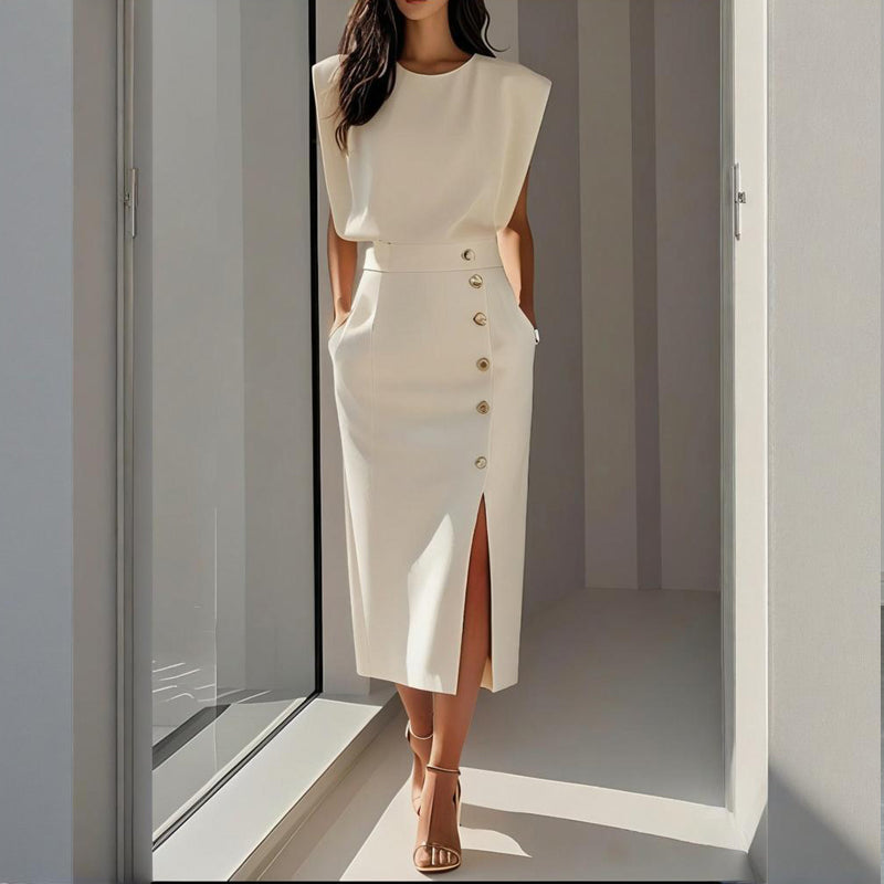 Structured women's midi dress, tailored elegance with side button detail, perfect for evening wear.