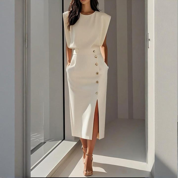 Structured women's midi dress, tailored elegance with side button detail, perfect for evening wear.