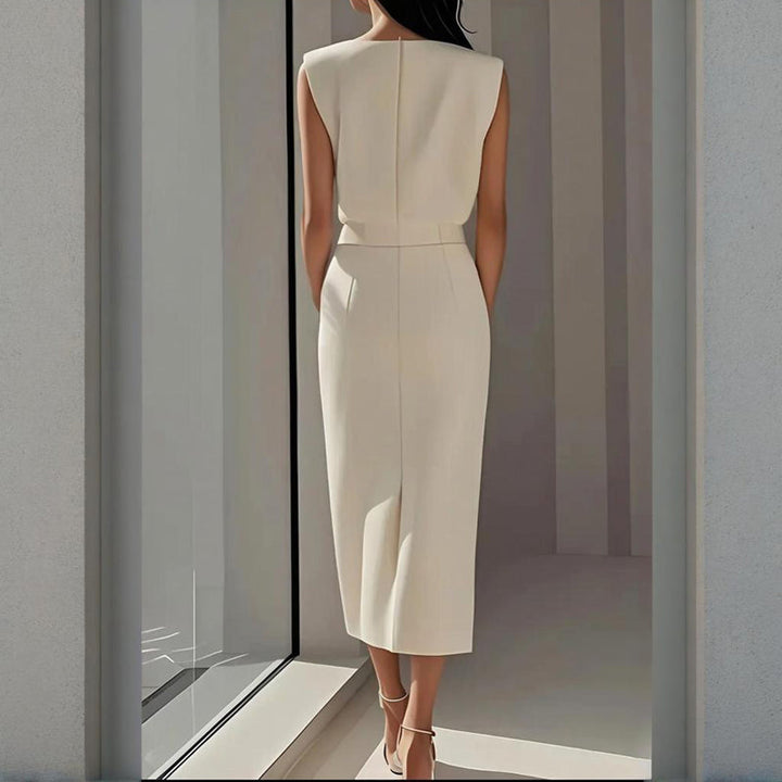 Elegant midi dress for women, featuring a sophisticated tailored fit and stylish side button accents.
