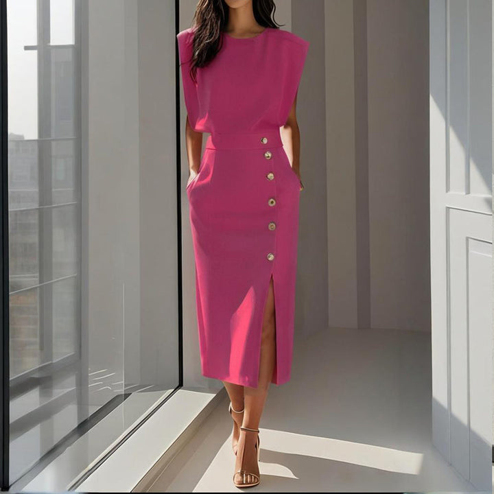 Women's tailored midi dress, combining structured elegance with decorative side buttons for a chic look.