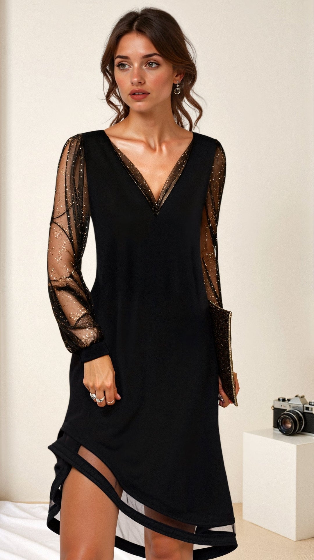 Stunning women's black sequined long evening dress, perfect for glamorous formal occasions & parties.