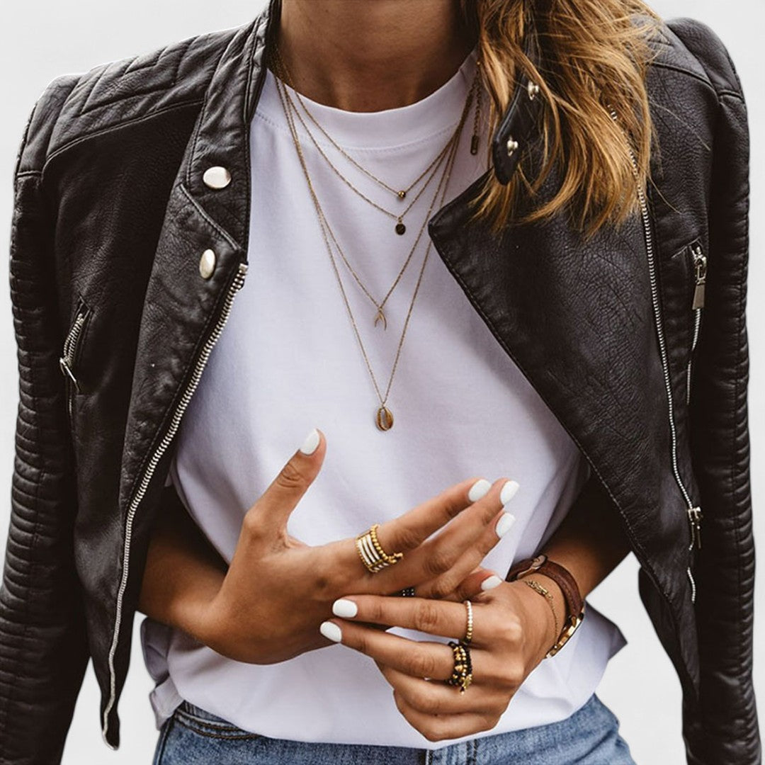 Elegant black women's stand collar zippered jacket with stylish accent pockets, perfect for modern versatile fashion.