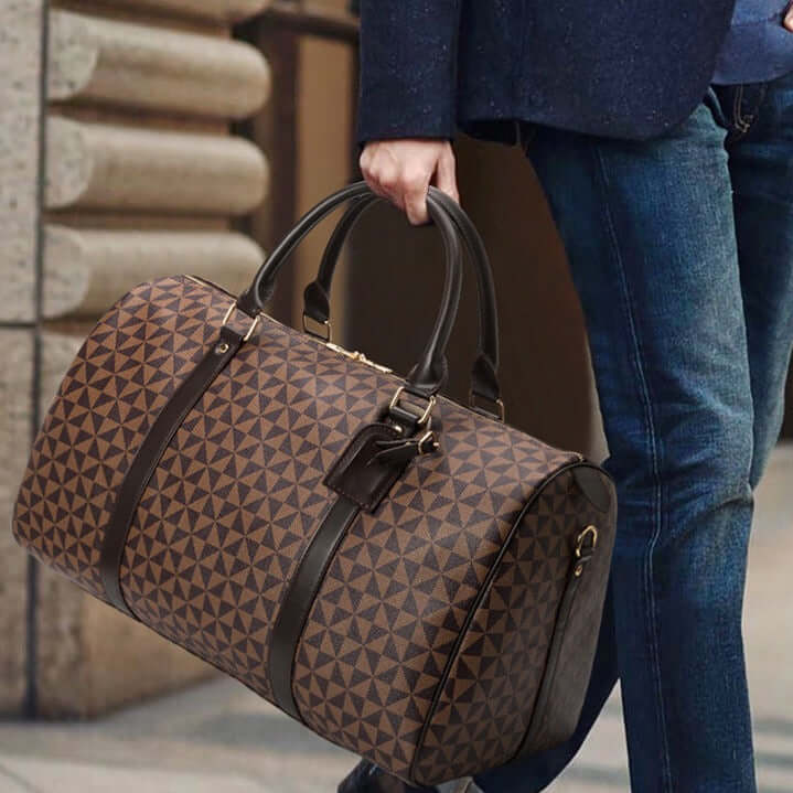 Elegant brown men's travel duffel bag; stylish men's luggage, perfect for modern travelers.