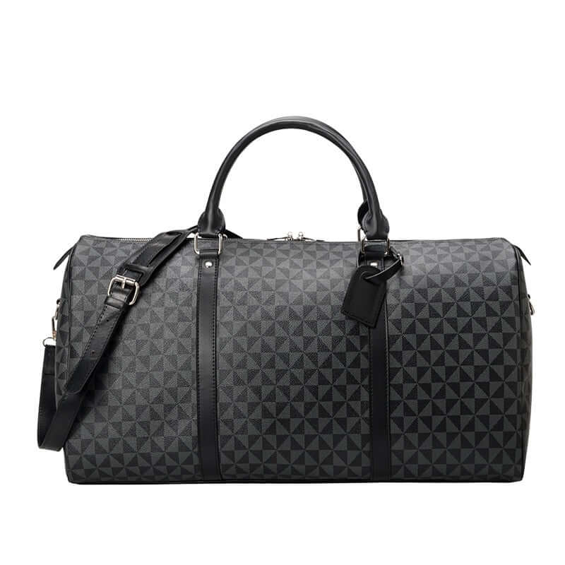Men's travel duffel bag packed; stylish and practical travel accessory for weekend trips.